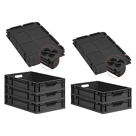 SparSet 5x Eurobox NextGen Grip mit Auflagedeckel inkl. 4 schwarzen Schiebeschnappverschlüssen | HxBxT 12x40x60cm | 23 Liter | Schwarz | Griffe offen | Eurobehälter, Transportbox, Transportbehälter, Stapelbehälter
