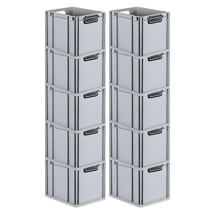 Proregal Euroboxen-Set 10x Eurobox NextGen Color - L x B x H: 40 x 30 x 32 cm, Kunststoff, Grau, Schwarz, 10 Stk. - Zwei Stapel grauer Kunststoffboxen, je fünf Boxen hoch, mit schwarzen Griffen. Ideal für Lagerung und Organisation.