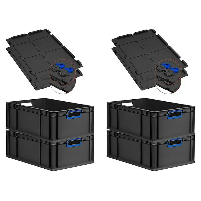 Proregal Euroboxen-Set 4x Eurobox NextGen Color mit Scharnierdeckel und Verschlüssen - L x B x H: 60 x 40 x 22 cm, Kunststoff, Schwarz, Blau, 4 Stk. - Stapelbare, schwarze Eurobehälter mit blauen Griffen und Deckel. Ideal für Lagerung und Transport, robust und platzsparend.