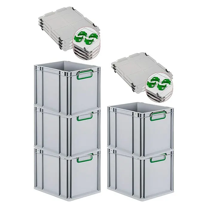 Proregal Euroboxen-Set 5x Eurobox NextGen Color mit Auflagedeckel und Schiebeschnappverschlüsse - L x B x H: 40 x 30 x 32 cm, Kunststoff, Grau, Grün, 5 Stk. - Das Bild zeigt Kunststoffboxen mit grünen Griffen und passenden Deckeln. Diese stabilen Boxen sind ideal für Lagerung und Transport.