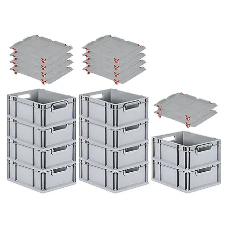 SuperSparSet 10x Eurobox NextGen Grip mit Auflagedeckel inkl. 4 roten Schiebeschnappverschlüssen | HxBxT 17x30x40cm | 16 Liter | Grau | Griffe offen | Glatter Boden | Eurobehälter, Transportbox, Transportbehälter, Stapelbehälter