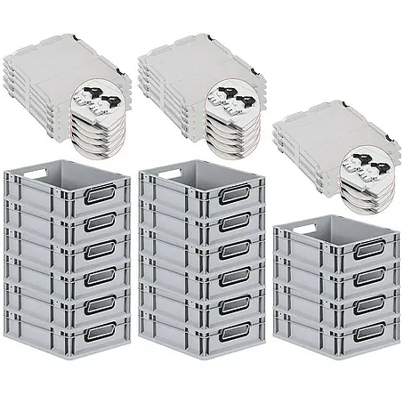 SuperSparSet 16x Eurobox NextGen Color mit Scharnierdeckel und Schiebeschnappverschlüssen | HxBxT 12x30x40cm | 11 Liter | Grau | Griffe schwarz offen | Glatter Boden | Eurobehälter, Transportbox, Transportbehälter, Stapelbehälter