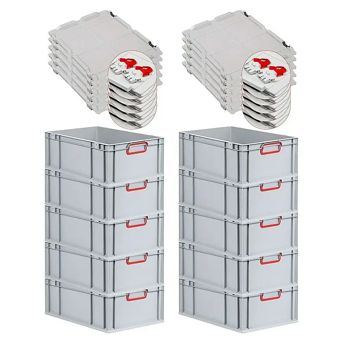 Proregal Euroboxen-Set 10x Eurobox NextGen Color mit Scharnierdeckel und Verschlüssen - L x B x H: 60 x 40 x 22 cm, Kunststoff, Grau, Rot, 10 Stk. - Stapel von robusten grauen Lagerbehältern und Deckeln mit roten Griffen, ideal für die Organisation und Lagerung.