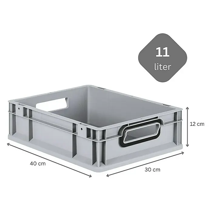 SuperSparSet 16x Eurobox NextGen Color mit Scharnierdeckel und Schiebeschnappverschlüssen | HxBxT 12x30x40cm | 11 Liter | Grau | Griffe schwarz offen | Glatter Boden | Eurobehälter, Transportbox, Transportbehälter, Stapelbehälter -  - Graue Kunststoffbox mit den Maßen 40x30x12 cm und einem Fassungsvermögen von 11 Litern für Lagerung und Transport.