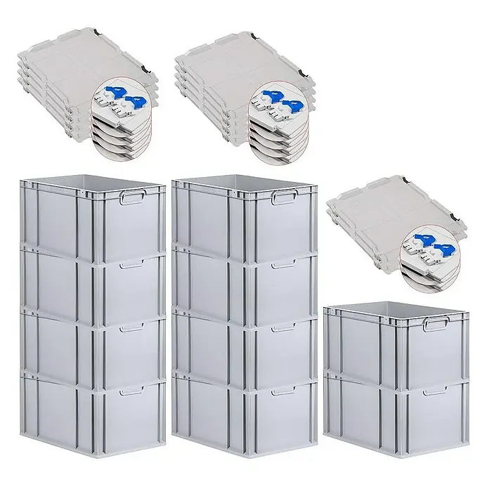 Proregal Euroboxen-Set 10x Eurobox NextGen Economy mit Scharnierdeckel und blauen Verschlüssen - L x B x H: 60 x 40 x 32 cm, Kunststoff, Grau, 10 Stk. - Bild von grauen Eurobehältern mit Deckel, die eine praktische und stapelbare Aufbewahrungslösung bieten.