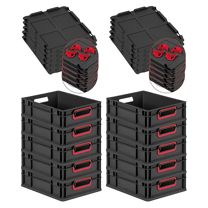 Proregal Euroboxen-Set 10x Eurobox NextGen Color mit Auflagedeckel und Schiebeschnappverschlüsse - L x B x H: 40 x 30 x 12 cm, Kunststoff, Schwarz, Rot, 10 Stk. - Schwarze Stapelboxen mit roten Griffen und Deckelclips, ideal für Lagerung und Transport. Das Set beinhaltet 5 Boxen und Deckel mit praktischem Zubehör.
