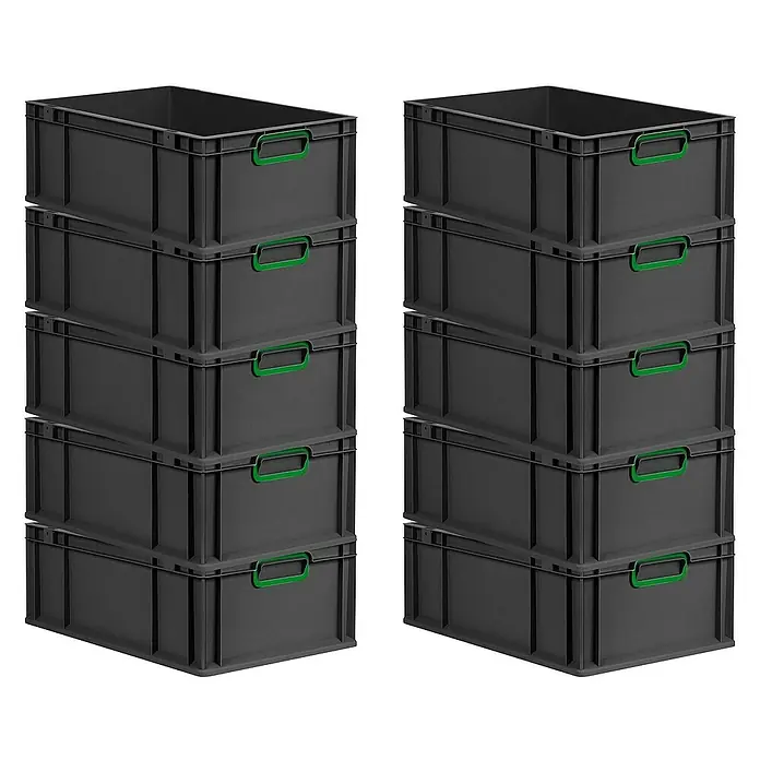 Proregal Euroboxen-Set 10x Eurobox NextGen Color - L x B x H: 60 x 40 x 22 cm, Kunststoff, Schwarz, Grün, 10 Stk. - Hier sind zwei Stapel grauer Aufbewahrungsboxen mit grünen Griffen, die ideal für die Lagerung und Organisation sind.