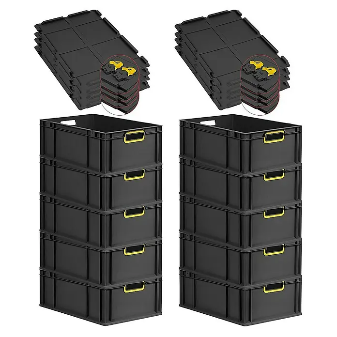 Proregal Euroboxen-Set 10x Eurobox NextGen Color mit Scharnierdeckel und Verschlüssen - L x B x H: 60 x 40 x 22 cm, Kunststoff, Schwarz, Gelb, 10 Stk. - Ein Bild von zwei Stapeln schwarzer Kunststoffkisten mit gelben Griffen und zugehörigen Deckeln.