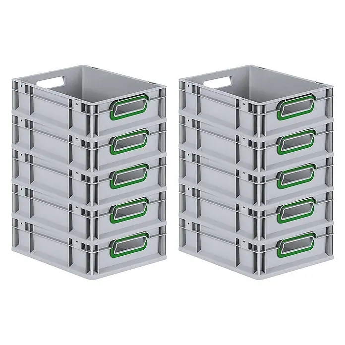 Proregal Euroboxen-Set 10x Eurobox NextGen Color - L x B x H: 40 x 30 x 12 cm, Kunststoff, Grau, Grün, 10 Stk. - Zwei Stapel grauer Kunststoffboxen mit grünen Griffen, die ideal für Lagerung und Organisation sind.