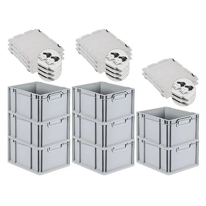 Proregal Euroboxen-Set 8x Eurobox NextGen Grip mit Scharnierdeckel und schwarzen Verschlüssen - L x B x H: 40 x 30 x 22 cm, Kunststoff, Grau, 8 Stk. - Graue Kunststoffboxen und Deckel, ideal für Lagerung und Organisation. Robuste Bauweise für vielseitigen Einsatz.