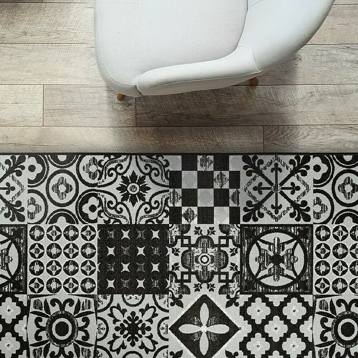Teppichläufer Sligo - Schwarz/Grau, 500 x 80 cm, 100 % Polyamid - Schwarzer & weißer Mosaik-Flur-Läufer: Stilvolles Design für den Eingangsbereich, robustes Material.