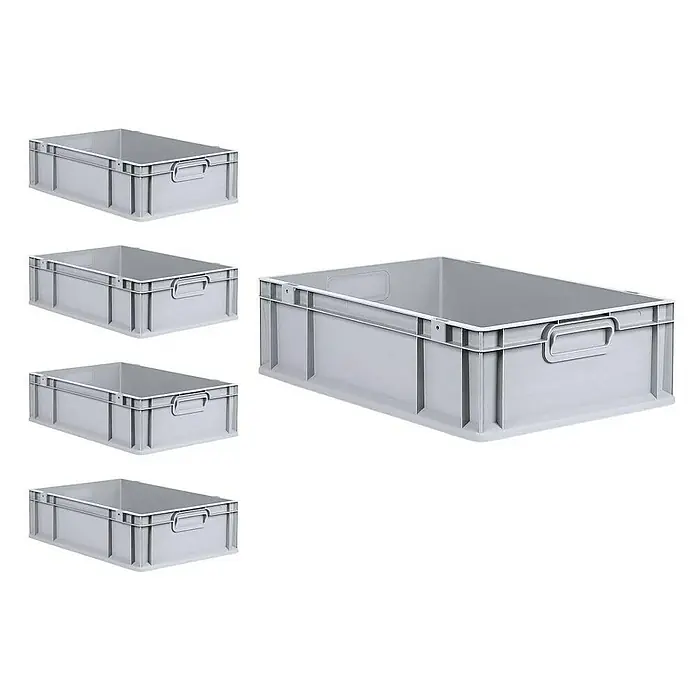 Proregal Euroboxen-Set 5x Eurobox NextGen Economy mit Scharnierdeckel und roten Verschlüssen - L x B x H: 60 x 40 x 17 cm, Kunststoff, Grau, 5 Stk. - Abbildung von grauen Eurobehältern. Diese robusten Aufbewahrungsbehälter sind ideal für Lagerung und Transport.