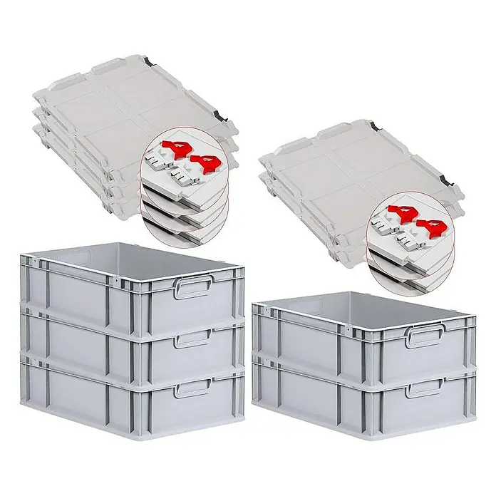 Proregal Euroboxen-Set 5x Eurobox NextGen Economy mit Scharnierdeckel und roten Verschlüssen - L x B x H: 60 x 40 x 17 cm, Kunststoff, Grau, 5 Stk. - Bild zeigt graue Eurobehälter mit Deckeln. Die Behälter sind stabil und stapelbar, ideal für Lagerung und Transport. Robuste Bauweise für den täglichen Gebrauch.