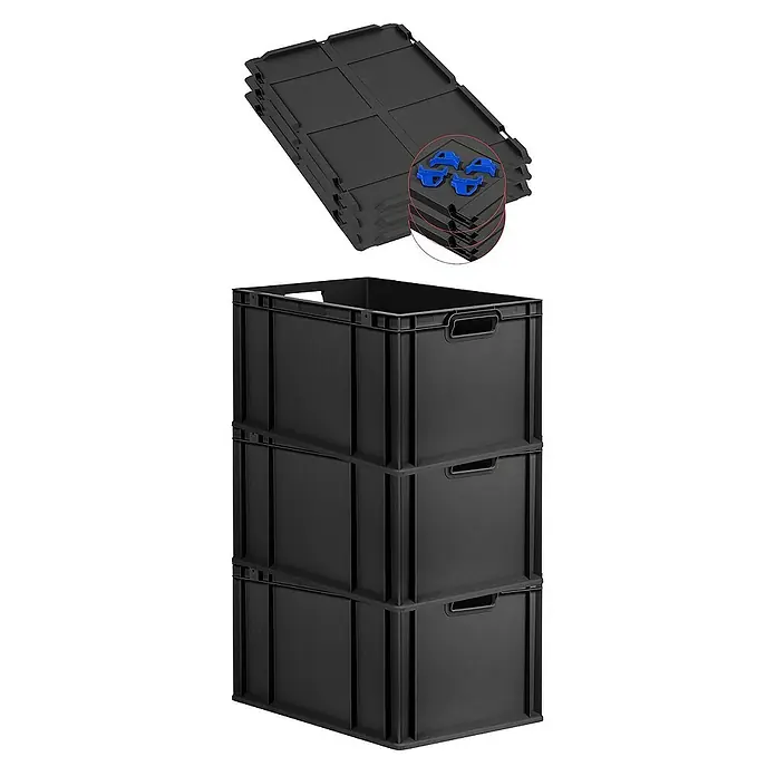 Proregal Euroboxen-Set 3x Eurobox NextGen Grip mit Auflagedeckel inkl. 4 blauen Verschlüssen - L x B x H: 60 x 40 x 32 cm, Kunststoff, Schwarz, 3 Stk. - Ein Stapel schwarzer Klappboxen mit blauen Klammern oben und drei schwarzen Boxen unten, die gestapelt sind. Praktische Aufbewahrung!
