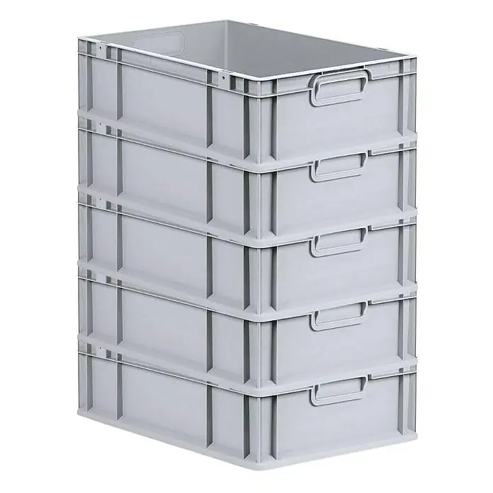 Proregal Euroboxen-Set 5x Eurobox NextGen Economy mit Scharnierdeckel und roten Verschlüssen - L x B x H: 60 x 40 x 17 cm, Kunststoff, Grau, 5 Stk. - Stapel von vier grauen Kunststoffbehältern mit Griffen, die zur Lagerung und Organisation von Gegenständen dienen.