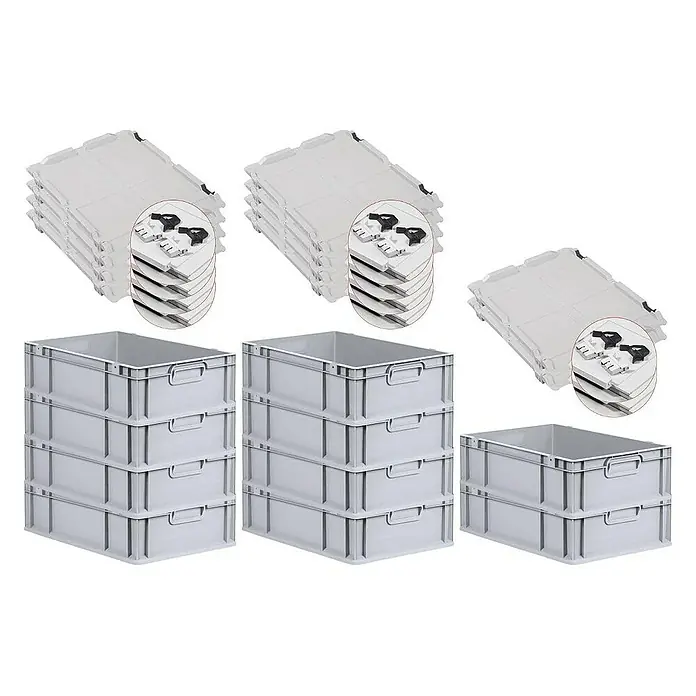 Proregal Euroboxen-Set 10x Eurobox NextGen Economy mit Scharnierdeckel und schwarzen Verschlüssen - L x B x H: 60 x 40 x 17 cm, Kunststoff, Grau, 10 Stk. - Gestapelte, graue Lagerboxen mit dazugehörigen Deckeln, die sich ideal für die Organisation und Aufbewahrung eignen.