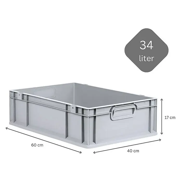 Proregal Euroboxen-Set 5x Eurobox NextGen Grip mit Auflagedeckel inkl. 4 grünen Verschlüssen - L x B x H: 60 x 40 x 17 cm, Kunststoff, Grau, 5 Stk. - Bild einer grauen 34-Liter-Kunststoffbox mit Abmessungen von 60 cm x 40 cm x 17 cm.