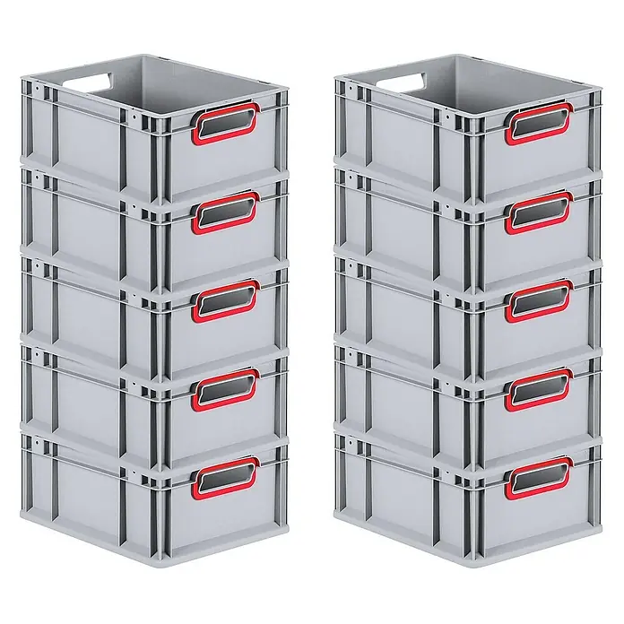 Proregal Euroboxen-Set 10x Eurobox NextGen Color - Kunststoff, Grau, Rot, 10 Stk. - Zwei Stapel grauer Kunststoffboxen mit roten Griffen. Die robusten Boxen sind ideal für Lagerung und Ordnung im Haushalt oder im Gewerbe.
