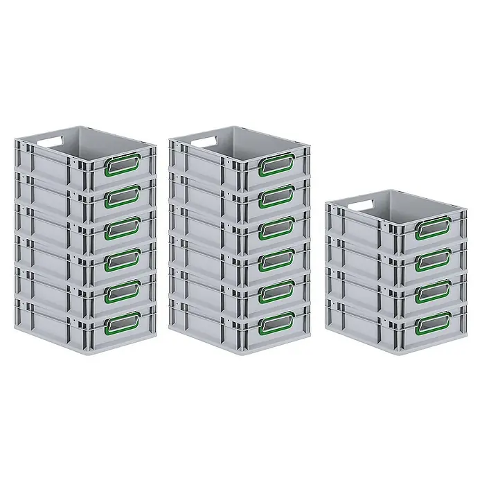 SuperSparSet 16x Eurobox NextGen Color | HxBxT 12x30x40cm | 11 Liter | Griffe grün offen | Glatter Boden | Grau | Eurobehälter, Transportbox, Transportbehälter, Stapelbehälter -  - Drei Stapel grauer Kunststoffbehälter mit grünen Griffen zur Aufbewahrung.
