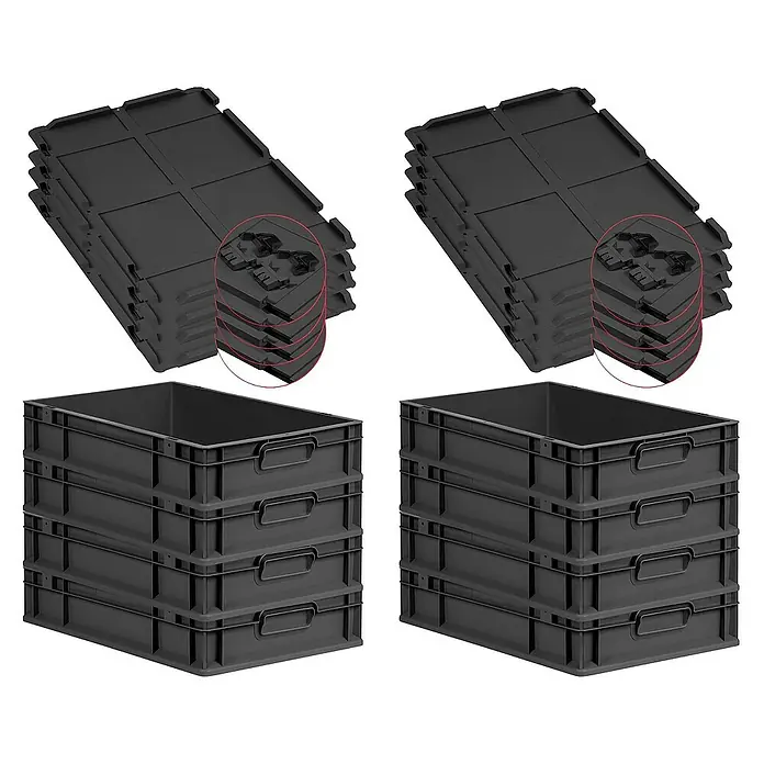 Proregal Euroboxen-Set 8x Eurobox NextGen Grip mit Scharnierdeckel und schwarzen Verschlüssen - L x B x H: 60 x 40 x 12 cm, Kunststoff, Schwarz, 8 Stk. - Stapelbare Kunststoffboxen und Deckel im Set. Robuste Aufbewahrungslösung für Lagerung und Transport.