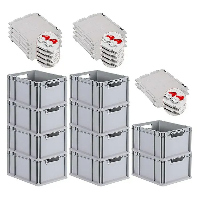 Proregal Euroboxen-Set 10x Eurobox NextGen Economy mit Scharnierdeckel und roten Verschlüssen - L x B x H: 40 x 30 x 22 cm, Kunststoff, Grau, 10 Stk. - Graue Kunststoffboxen und passende Deckel. Praktische Lagerlösung für Ordnung und Übersicht im Haushalt oder Büro.