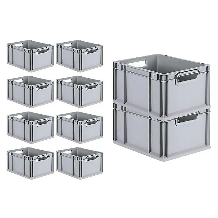 Proregal Euroboxen-Set 10x Eurobox NextGen Economy mit Scharnierdeckel und roten Verschlüssen - L x B x H: 40 x 30 x 22 cm, Kunststoff, Grau, 10 Stk. - Stapelbare graue Kunststoffboxen mit Griffen, ideal für Lagerung und Organisation. Praktisch für den Transport und platzsparende Aufbewahrung.