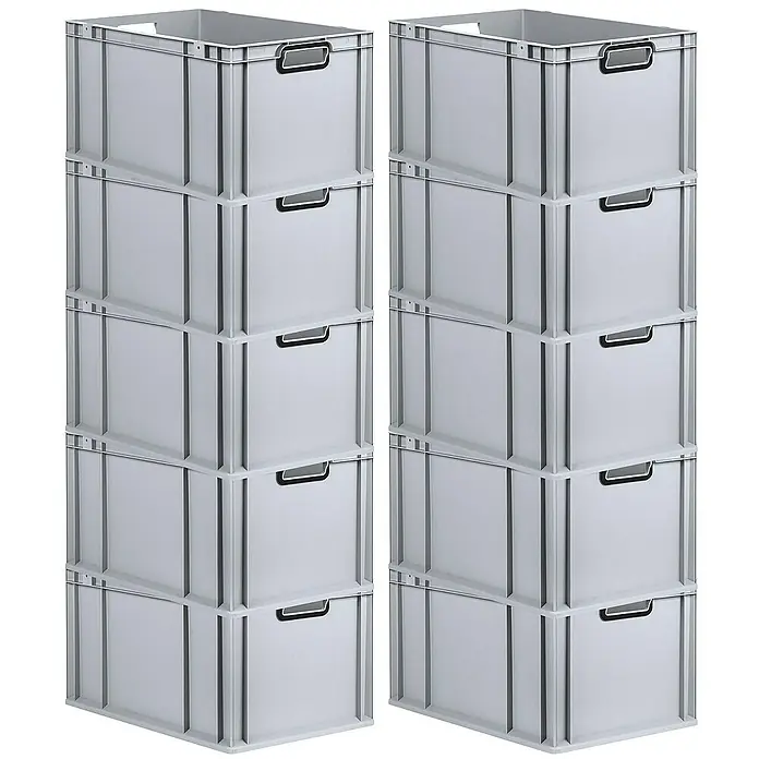 Proregal Euroboxen-Set 10x Eurobox NextGen Color - L x B x H: 60 x 40 x 32 cm, Kunststoff, Grau, Schwarz, 10 Stk. - Zwei Stapel grauer Lagerkisten aus Kunststoff mit Griffen, die zur effizienten Lagerung und Organisation ideal sind.