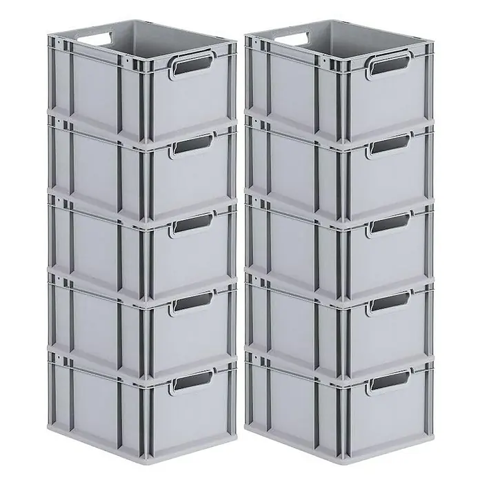 Proregal Euroboxen-Set 10x Eurobox NextGen Economy mit Scharnierdeckel und roten Verschlüssen - L x B x H: 40 x 30 x 22 cm, Kunststoff, Grau, 10 Stk. - Zwei Stapel grauer Kunststoffboxen, die sich ideal für die Lagerung und Organisation verschiedener Gegenstände eignen. Robuste Bauweise für den täglichen Gebrauch.