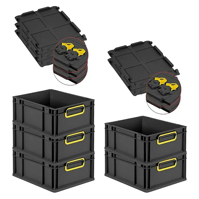 Proregal Euroboxen-Set 5x Eurobox NextGen Color mit Scharnierdeckel und Verschlüssen - L x B x H: 40 x 30 x 17 cm, Kunststoff, Schwarz, Gelb, 5 Stk. - Schwarze Eurobehälter im Stapel, mit gelben Griffen und Deckeln, ideal für Lager und Transport.