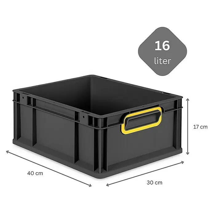 Proregal Euroboxen-Set 5x Eurobox NextGen Color mit Scharnierdeckel und Verschlüssen - L x B x H: 40 x 30 x 17 cm, Kunststoff, Schwarz, Gelb, 5 Stk. - Graue 16-Liter-Kunststoffbox mit gelben Griffen, ideal für Lagerung und Transport, mit den Maßen 40x30x17 cm.
