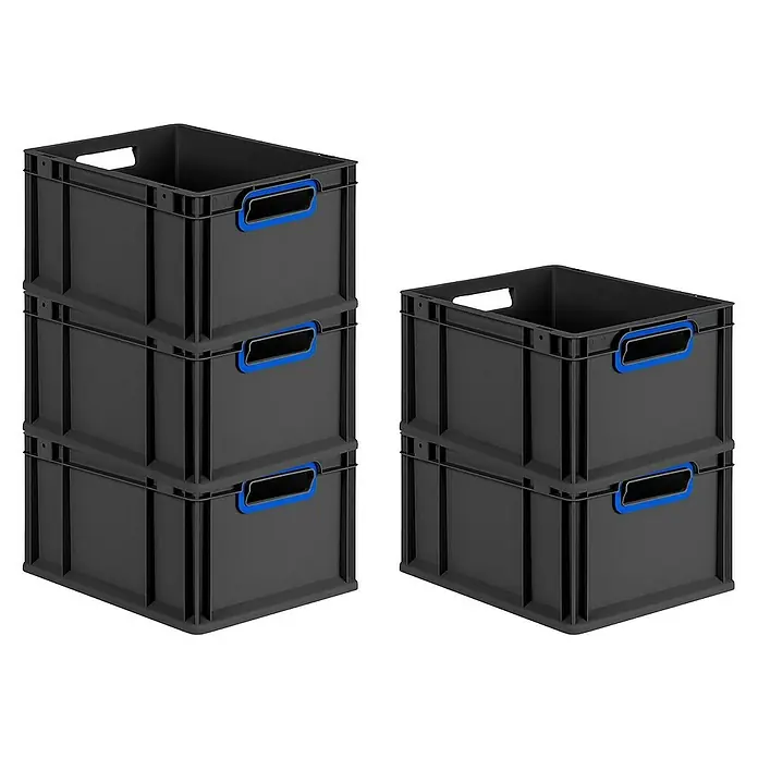 Proregal Euroboxen-Set 8x Eurobox NextGen Color - L x B x H: 40 x 30 x 22 cm, Kunststoff, Schwarz, Blau, 8 Stk. - Graue Kunststoffboxen mit blauen Griffen, gestapelt. Praktische Aufbewahrungslösung für diverse Gegenstände im Haus oder Büro.