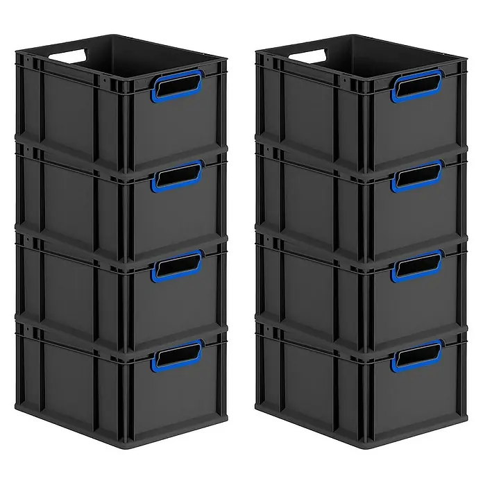 Proregal Euroboxen-Set 8x Eurobox NextGen Color - L x B x H: 40 x 30 x 22 cm, Kunststoff, Schwarz, Blau, 8 Stk. - Zwei Stapel schwarzer Aufbewahrungsboxen aus Kunststoff mit blauen Griffen, die Ordnung und Organisation in jedem Raum schaffen.