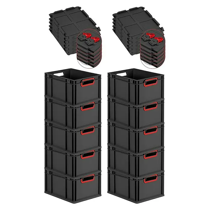 Proregal Euroboxen-Set 10x Eurobox NextGen Color mit Scharnierdeckel und Verschlüssen - L x B x H: 40 x 30 x 22 cm, Kunststoff, Schwarz, Rot, 10 Stk. - Abbildung von zwei Stapeln schwarzer Aufbewahrungsboxen und Deckeln, die eine vielseitige Aufbewahrungslösung für verschiedene Gegenstände bieten.
