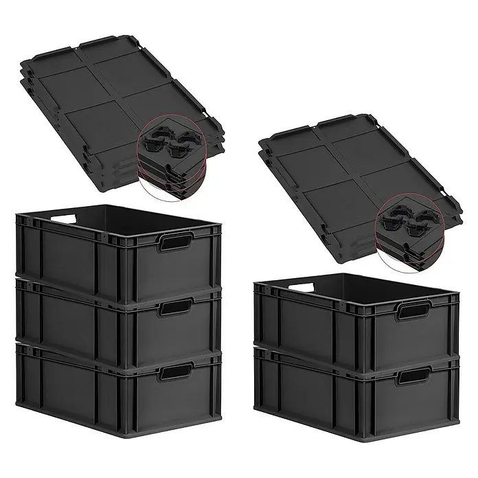 SparSet 5x Eurobox NextGen Grip mit Auflagedeckel inkl. 4 schwarzen Schiebeschnappverschlüssen | HxBxT 22x40x60cm | 44 Liter | Schwarz | Griffe offen | Verstärkter Boden | Eurobehälter, Transportbox, Transportbehälter, Stapelbehälter -  - Schwarze Lagerboxen und Deckel im Set. Ideal für Lagerung und Transport.