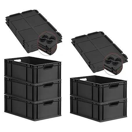 SparSet 5x Eurobox NextGen Grip mit Auflagedeckel inkl. 4 schwarzen Schiebeschnappverschlüssen | HxBxT 22x40x60cm | 44 Liter | Schwarz | Griffe offen | Verstärkter Boden | Eurobehälter, Transportbox, Transportbehälter, Stapelbehälter