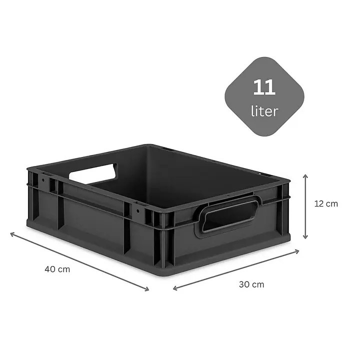 Proregal Euroboxen-Set 16x Eurobox NextGen Grip mit Auflagedeckel inkl. 4 gelben Verschlüssen - Kunststoff, Schwarz, 16 Stk. - Abbildung eines schwarzen 11-Liter-Lagerbehälters aus Kunststoff mit Maßangaben (40x30x12cm).