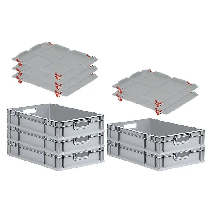 Proregal Euroboxen-Set 5x Eurobox NextGen Grip mit Auflagedeckel inkl. 4 roten Verschlüssen - L x B x H: 60 x 40 x 12 cm, Kunststoff, Grau, 5 Stk. - Produktbild: Graue Eurobehälter und dazugehörige Deckel, ideal für Lagerung und Transport. Robust und stapelbar.