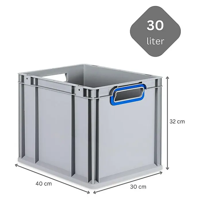 Proregal Euroboxen-Set 4x Eurobox NextGen Color mit Auflagedeckel und Schiebeschnappverschlüsse - Kunststoff, Grau, Blau, 4 Stk. - Graue 30-Liter-Kunststoffbox mit blauen Griffen und Maßangaben. Praktisch für Lagerung und Transport.