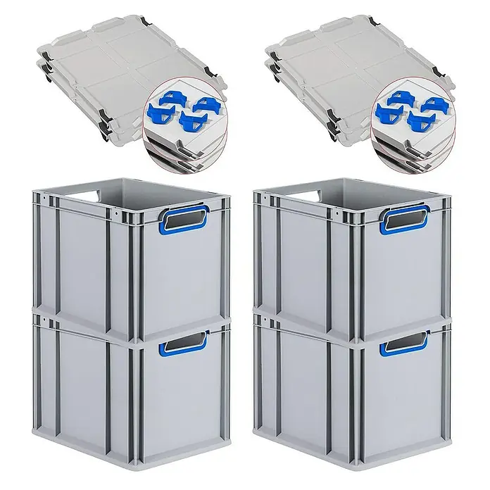 Proregal Euroboxen-Set 4x Eurobox NextGen Color mit Auflagedeckel und Schiebeschnappverschlüsse - Kunststoff, Grau, Blau, 4 Stk. - Stapelbare graue Kunststoffkisten mit blauen Griffen und passenden Deckeln für Lagerung und Organisation.