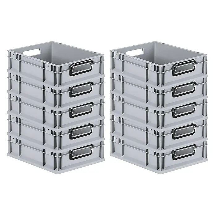 Proregal Euroboxen-Set 10x Eurobox NextGen Color - L x B x H: 40 x 30 x 12 cm, Kunststoff, Grau, Schwarz, 10 Stk. - Zwei Stapel grauer Lagerboxen, jeweils mit fünf Boxen, die robust und für die Lagerung optimiert sind. Praktische Griffe erleichtern den Transport.