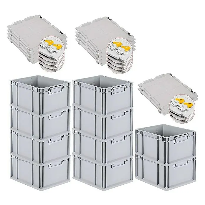 Proregal Euroboxen-Set 10x Eurobox NextGen Economy mit Scharnierdeckel und gelben Verschlüssen - L x B x H: 40 x 30 x 22 cm, Kunststoff, Grau, 10 Stk. - Graue Kunststoffboxen und dazugehörige Deckel sind in diesem Artikelbild übersichtlich gestapelt. Ideal zur Lagerung und Organisation.