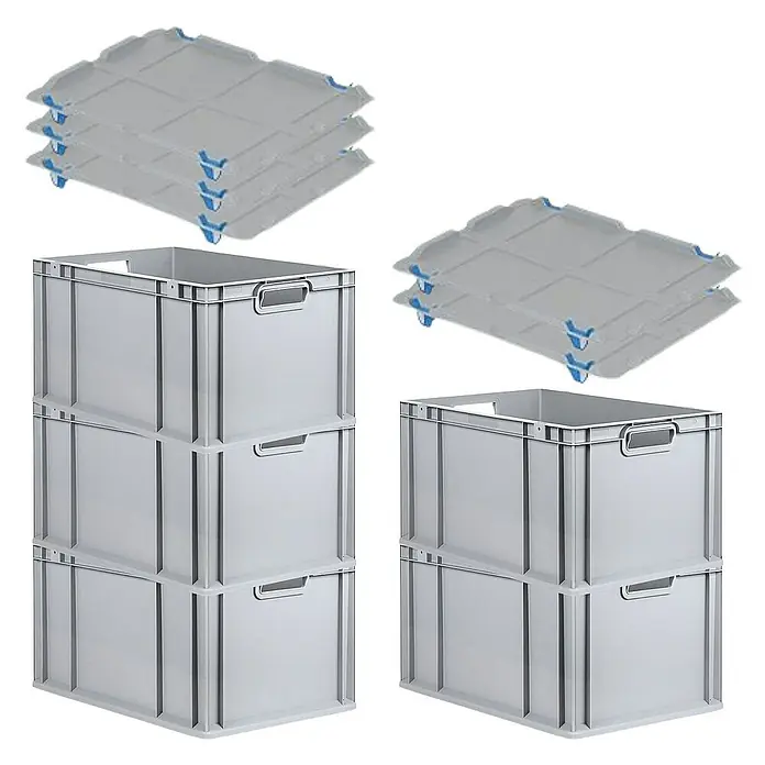 Proregal Euroboxen-Set 5x Eurobox NextGen Economy mit Auflagedeckel und 4x Verschlüsse Blau - L x B x H: 60 x 40 x 32 cm, Kunststoff, Grau, 5 Stk. - Produktbild mit grauen Kunststoffboxen und Deckeln. Ideal für Lagerung und Transport. Robuste Bauweise garantiert lange Nutzungsdauer.