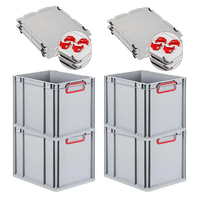 Proregal Euroboxen-Set 4x Eurobox NextGen Color mit Auflagedeckel und Schiebeschnappverschlüsse - Kunststoff, Grau, Rot, 4 Stk. - Graue Euroboxen mit Deckel und roten Griffen, stapelbar für Lagerung und Transport.