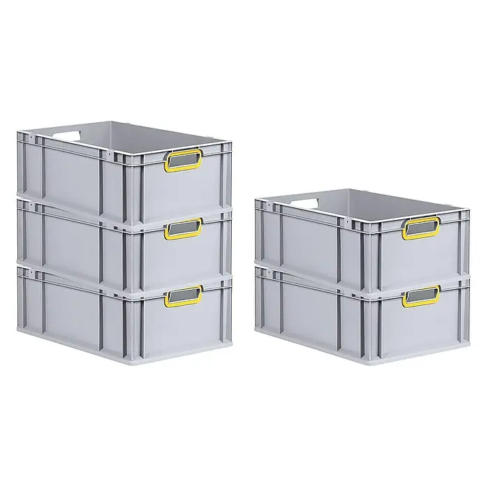Proregal Euroboxen-Set 5x Eurobox NextGen Color - L x B x H: 60 x 40 x 22 cm, Kunststoff, Grau, Gelb, 5 Stk. - Das Bild zeigt graue Lagerboxen mit gelben Griffen. Die Boxen sind stapelbar und bieten praktische Aufbewahrungslösungen.