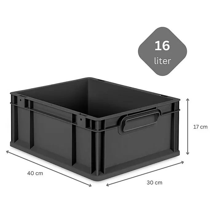 SparSet 5x Eurobox NextGen Grip mit Auflagedeckel inkl. 4 schwarzen Schiebeschnappverschlüssen | HxBxT 17x30x40cm | 16 Liter | Schwarz | Griffe geschlossen | Eurobehälter, Transportbox, Transportbehälter, Stapelbehälter -  - Abgebildete schwarze 16-Liter-Aufbewahrungsbox aus Kunststoff mit Griffen und den Maßen 40 x 30 x 17 cm.
