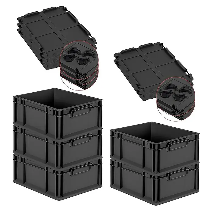 SparSet 5x Eurobox NextGen Grip mit Auflagedeckel inkl. 4 schwarzen Schiebeschnappverschlüssen | HxBxT 17x30x40cm | 16 Liter | Schwarz | Griffe geschlossen | Eurobehälter, Transportbox, Transportbehälter, Stapelbehälter -  - Abgebildete schwarze Stapelboxen mit passenden Deckeln, ideal für Lagerung und Transport. Praktisches und robustes Design.
