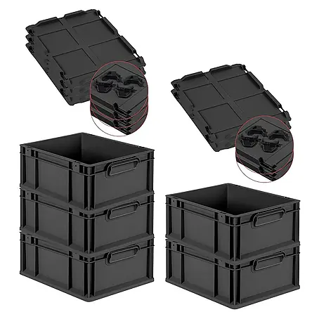 SparSet 5x Eurobox NextGen Grip mit Auflagedeckel inkl. 4 schwarzen Schiebeschnappverschlüssen | HxBxT 17x30x40cm | 16 Liter | Schwarz | Griffe geschlossen | Eurobehälter, Transportbox, Transportbehälter, Stapelbehälter
