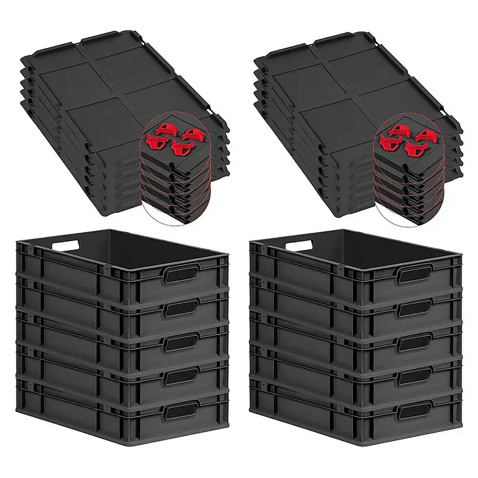 Proregal Euroboxen-Set 10x Eurobox NextGen Grip mit Auflagedeckel inkl. 4 roten Verschlüssen - L x B x H: 60 x 40 x 12 cm, Kunststoff, Schwarz, 10 Stk. - Schwarze Kunststoff-Lagerkisten und Deckel gestapelt, ideal für Organisation und Lagerung.