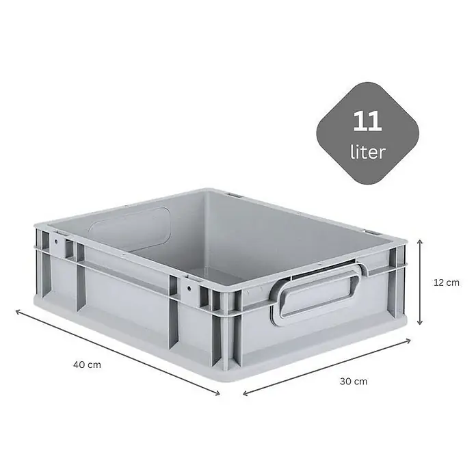 Proregal Euroboxen-Set 5x Eurobox NextGen Grip mit Scharnierdeckel und blauen Verschlüssen - L x B x H: 40 x 30 x 12 cm, Kunststoff, Grau, 5 Stk. - Abbildung einer grauen Kunststoffbox mit den Maßen 40 cm x 30 cm x 12 cm und einem Fassungsvermögen von 11 Litern.