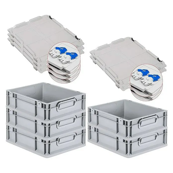 Proregal Euroboxen-Set 5x Eurobox NextGen Grip mit Scharnierdeckel und blauen Verschlüssen - L x B x H: 40 x 30 x 12 cm, Kunststoff, Grau, 5 Stk. - Stapelbare graue Kunststoffboxen und passende Deckel mit blauen Verschlüssen für Lagerung und Transport.